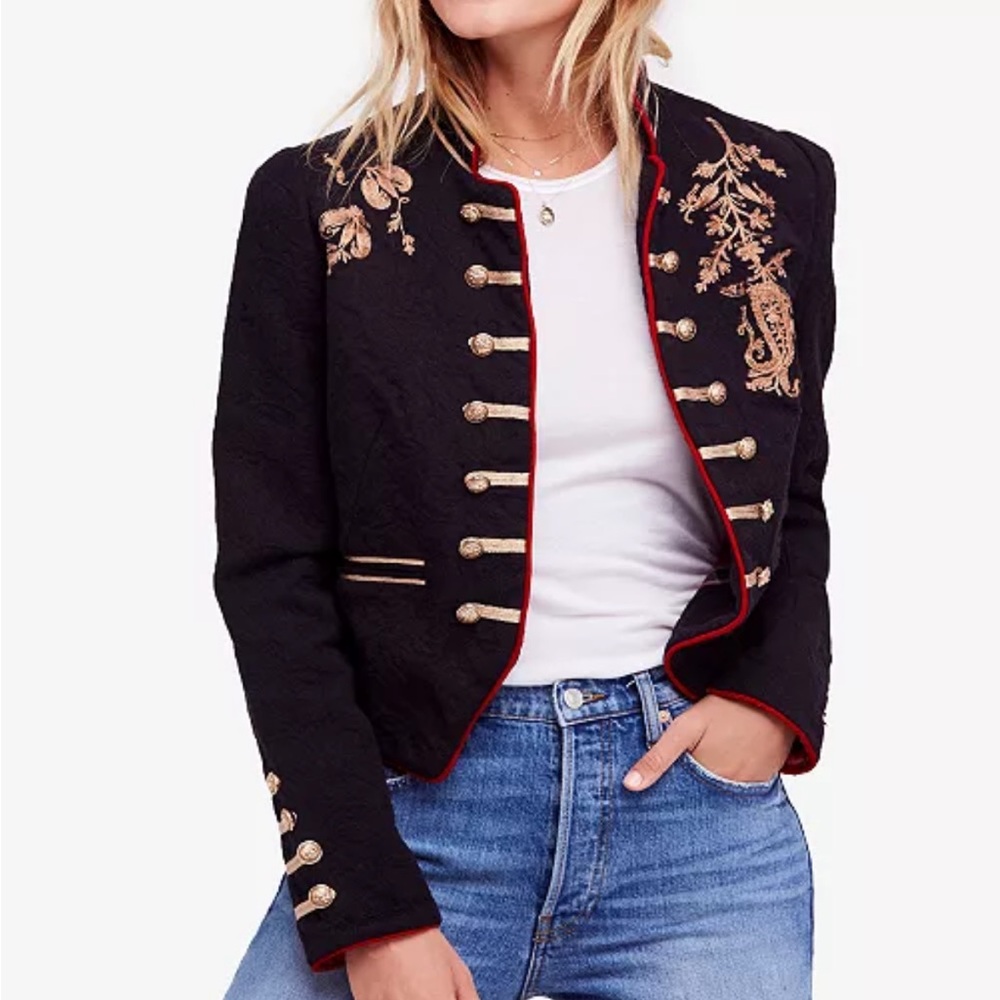 Free People Lauren Embroidered Cotton Band Jacket xs
